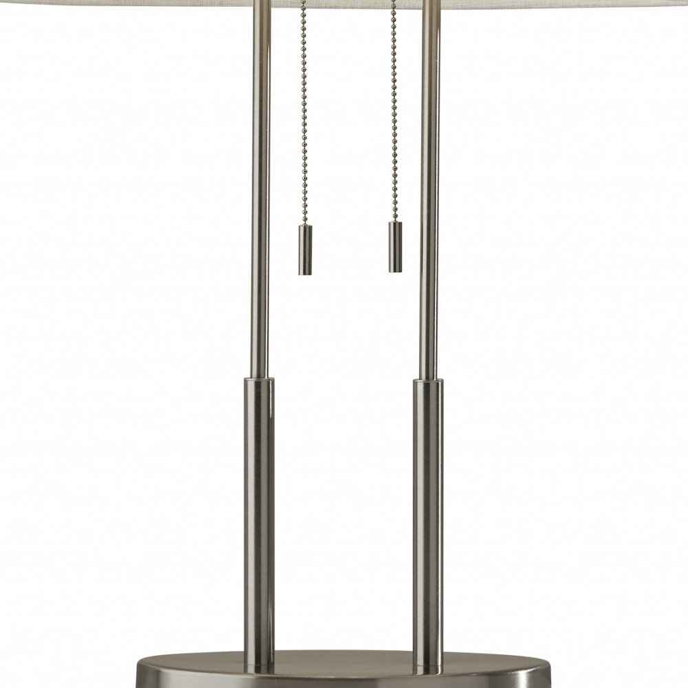 27" Silver Metal Two Light Bedside Lamp With Off White Drum Shade