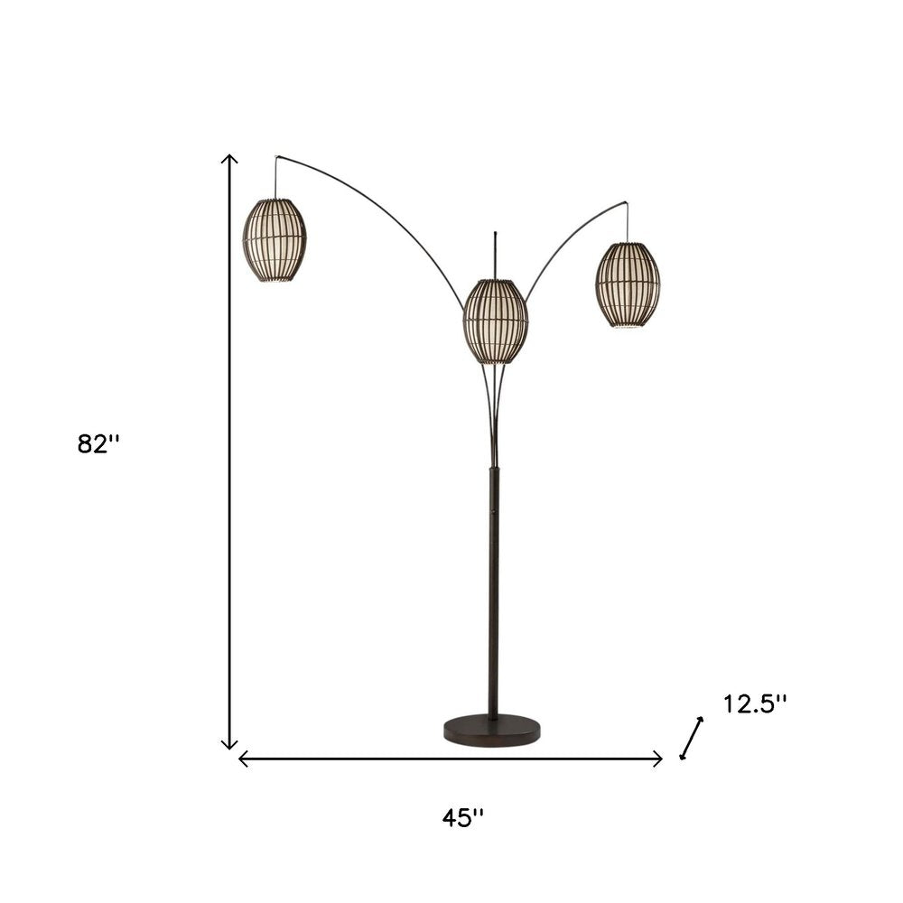 82" Bronze Three Light Tree Floor Lamp With Beige Wicker Cage Shade