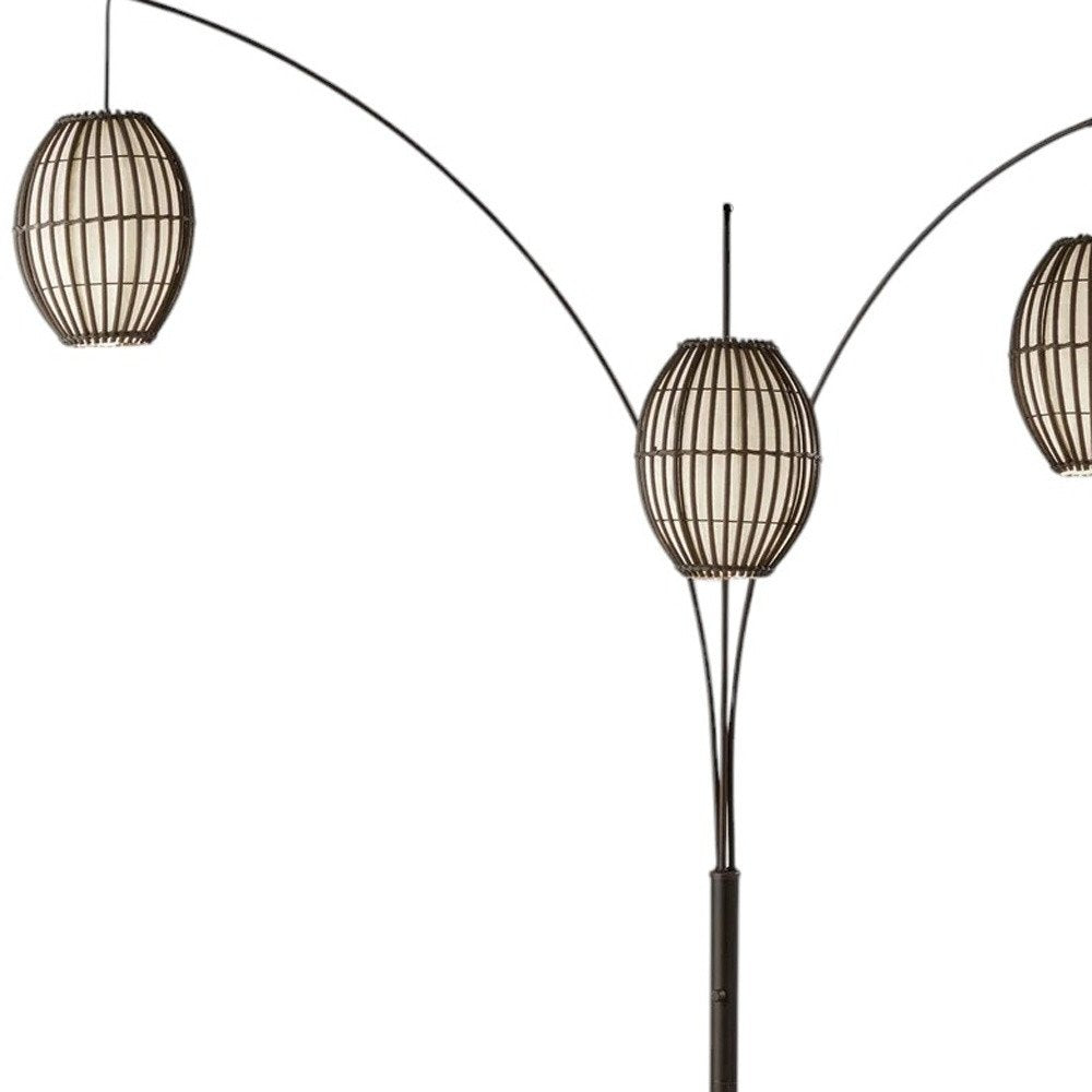 82" Bronze Three Light Tree Floor Lamp With Beige Wicker Cage Shade
