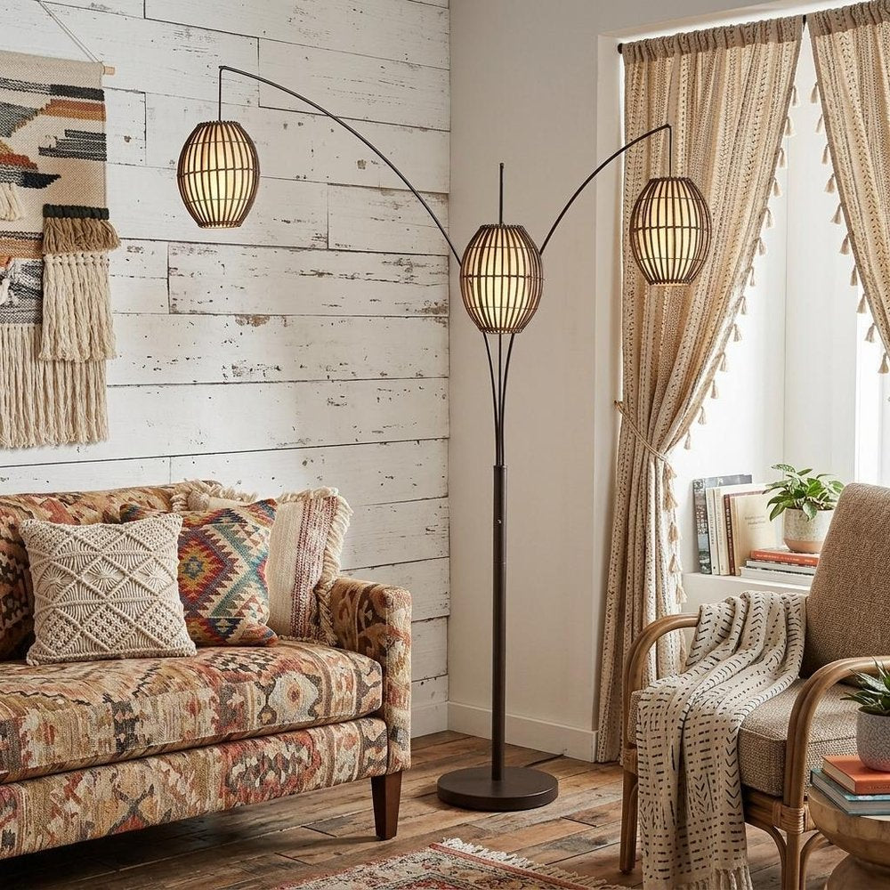 82" Bronze Three Light Tree Floor Lamp With Beige Wicker Cage Shade