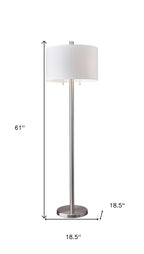 61" Silver Two Light Floor Lamp With White Fabric Drum Shade