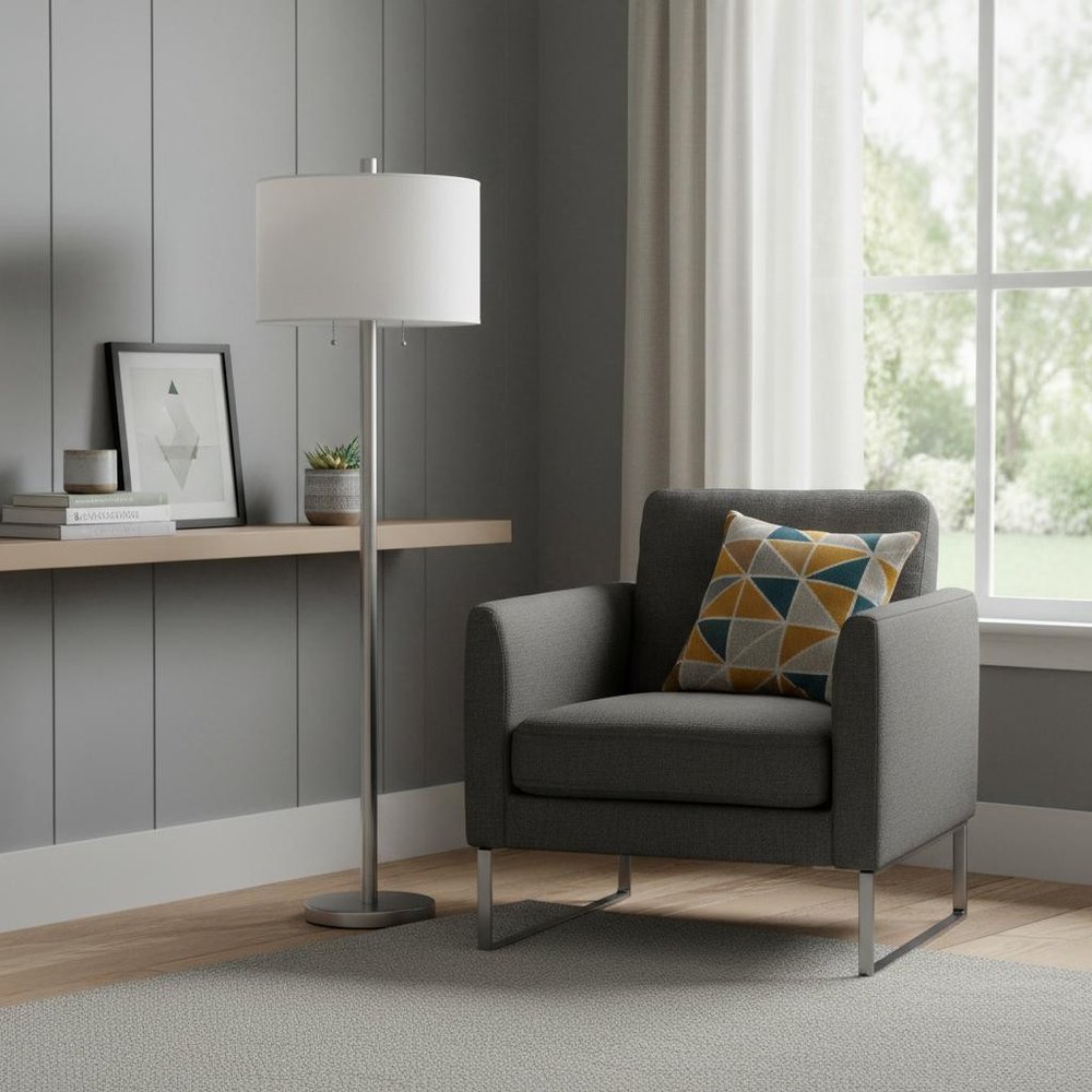 61" Silver Two Light Floor Lamp With White Fabric Drum Shade