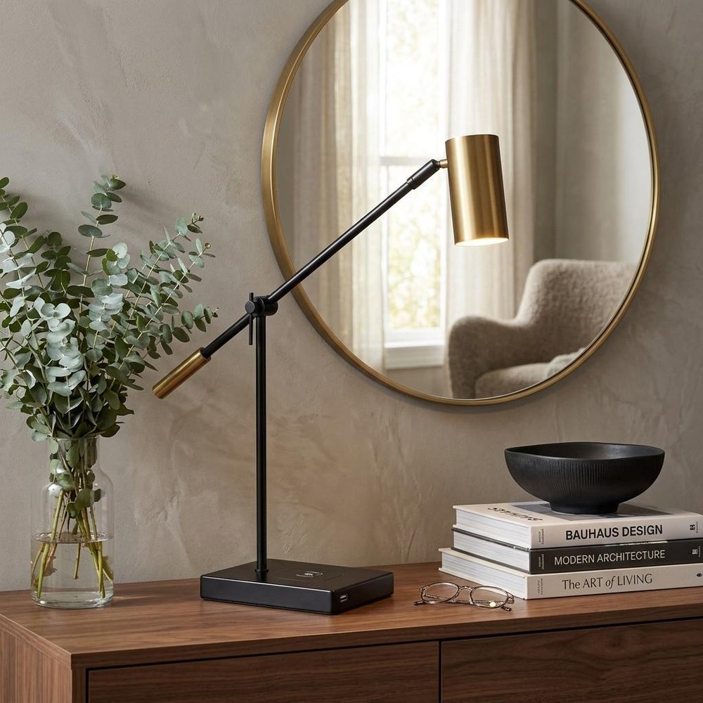 22" Black Metal Swing Arm LED Desk Lamp With USB And Antiqued Gold Cylinder Shade