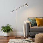 63" Black And Gold Adjustable LED Task Floor Lamp With Antiqued Brass Metal Cylinder Shade