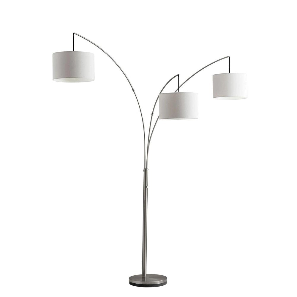 74" Silver Three Light Tree Floor Lamp With White Linen Drum Shade