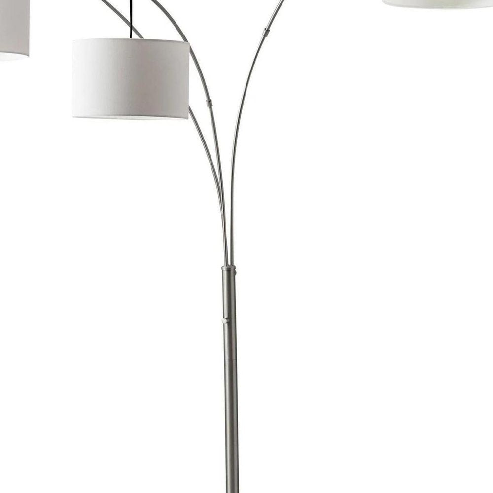 74" Silver Three Light Tree Floor Lamp With White Linen Drum Shade