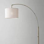 74" Brass Metal Arc Floor Lamp With Off White Linen Drum Shade