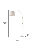 74" Brass Metal Arc Floor Lamp With Off White Linen Drum Shade