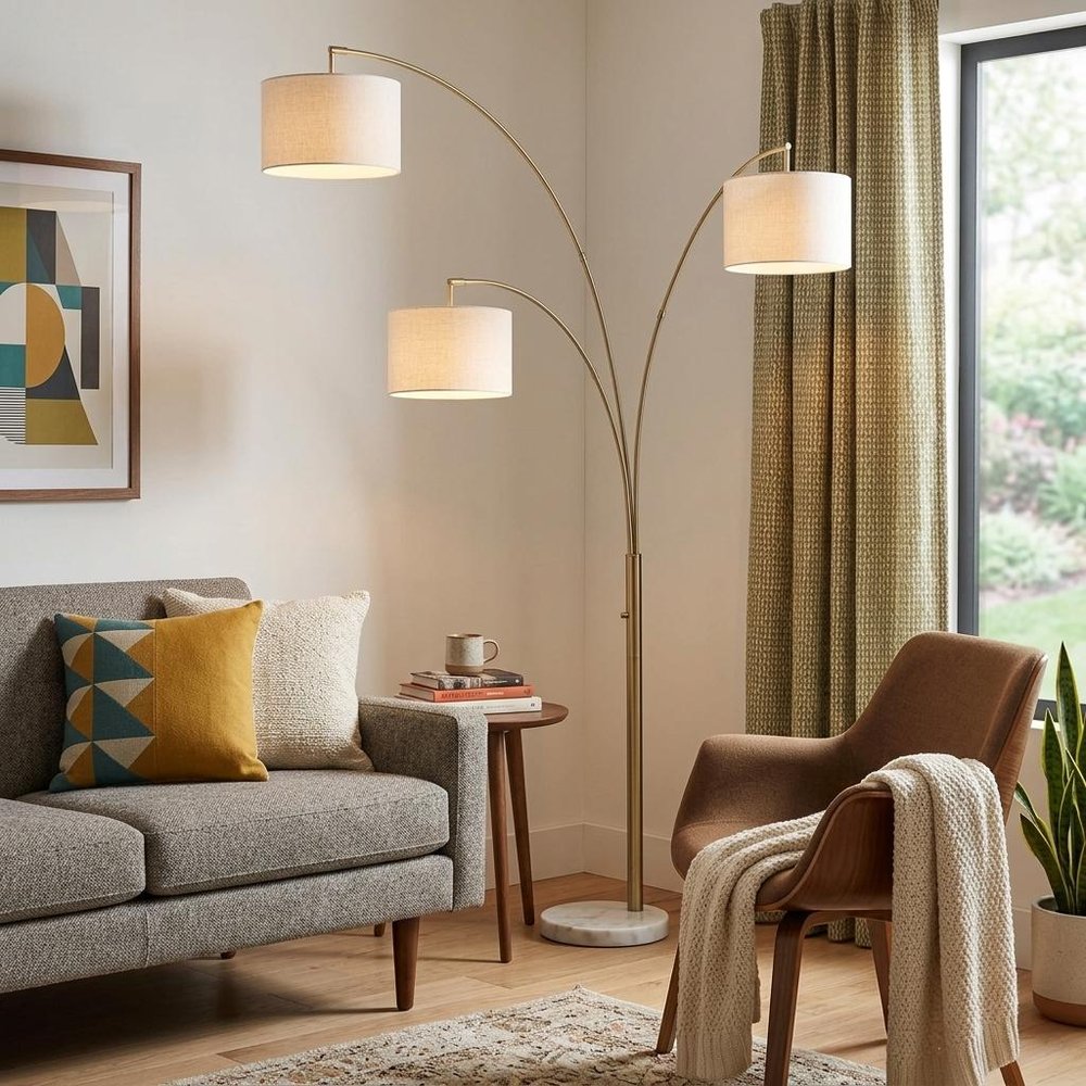 74" Silver Three Light Adjustable Tree Floor Lamp With Gray Linen Drum Shade