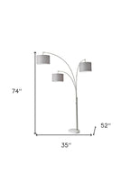 74" Silver Three Light Adjustable Tree Floor Lamp With Gray Linen Drum Shade