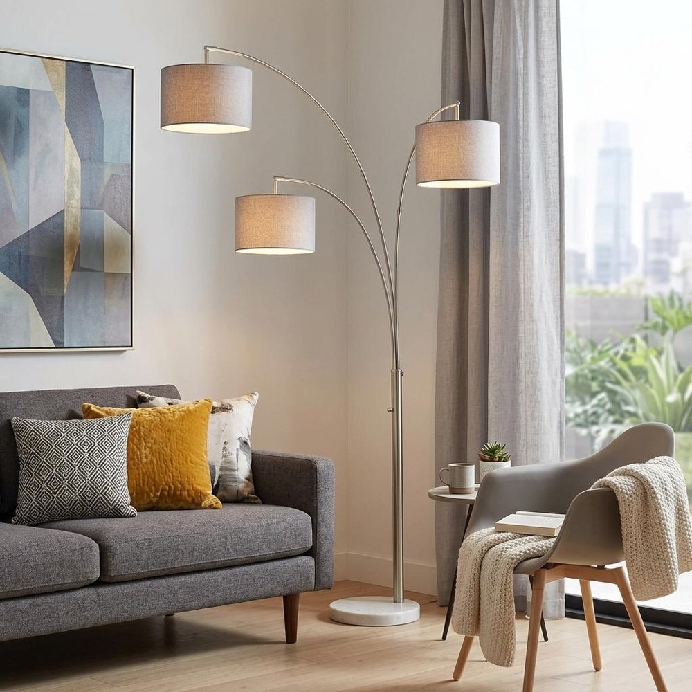 74" Silver Three Light Adjustable Tree Floor Lamp With Gray Linen Drum Shade