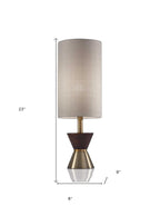 23" Brass Metal And Wood Table Lamp With Beige Drum Shade