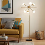 64" Brass Six Light LED Novelty Floor Lamp With White Glass Globe Shades