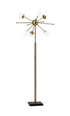 64" Brass Six Light LED Novelty Floor Lamp With White Glass Globe Shades