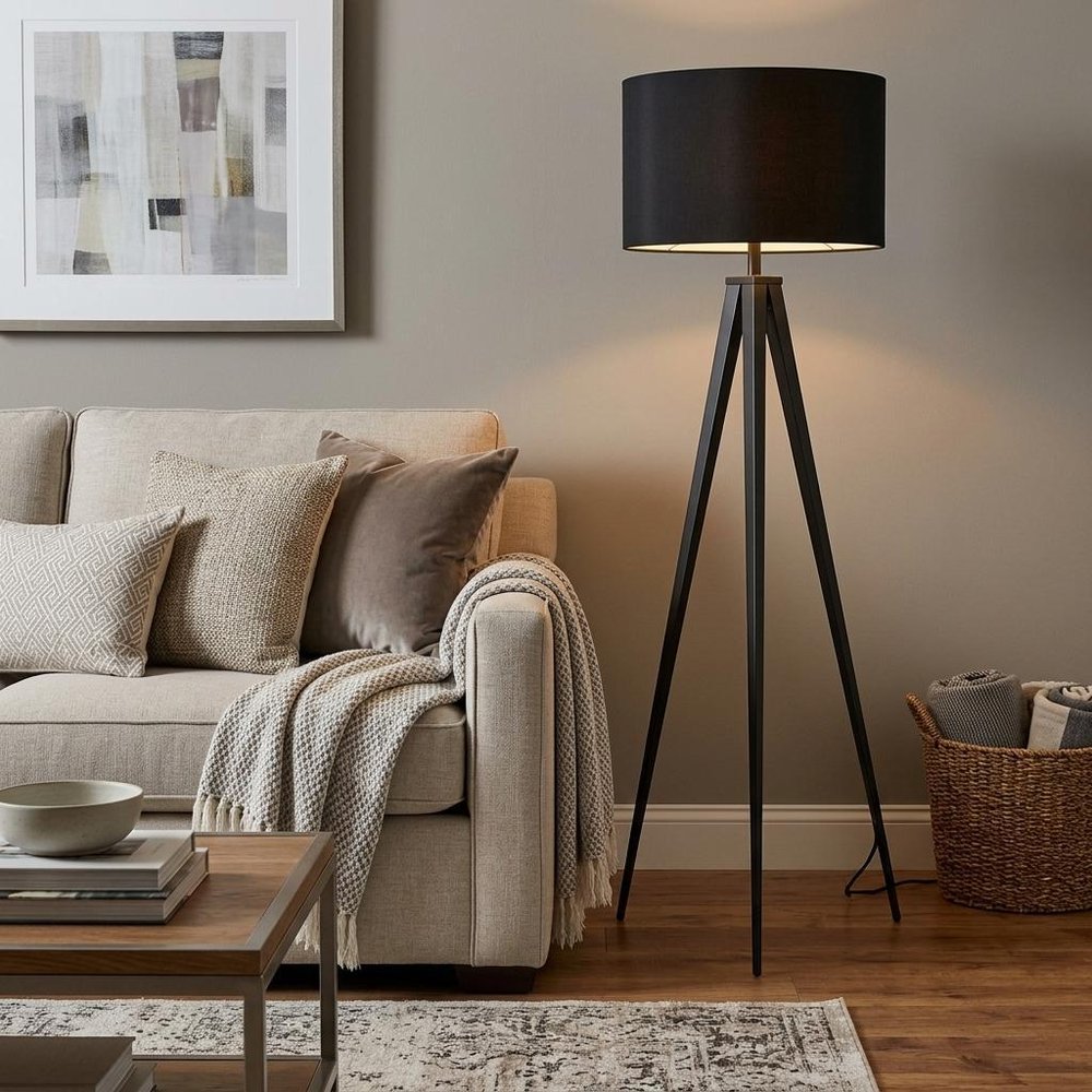 60" Natural Metal Tripod Floor Lamp With White Fabric Drum Shade