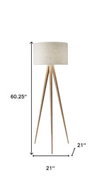 60" Natural Metal Tripod Floor Lamp With White Fabric Drum Shade