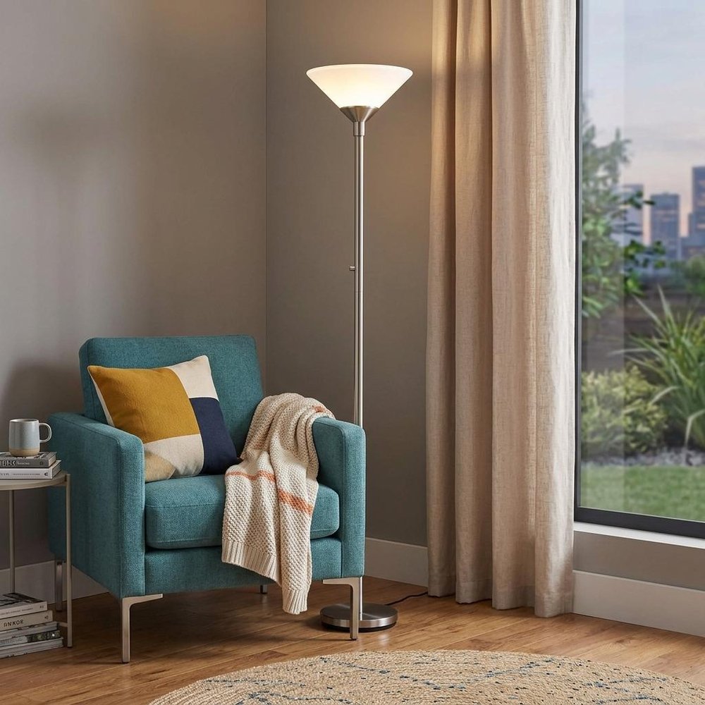 73" Black And White Torchiere Floor Lamp With White Acrylic Cone Shade