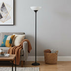 71" Silver Metal Torchiere Floor Lamp With White Bowl Shade