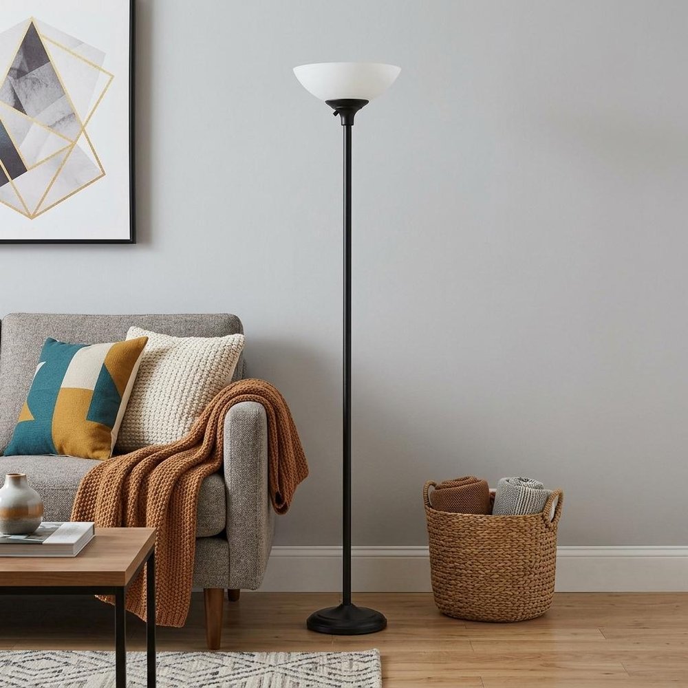 71" Silver Metal Torchiere Floor Lamp With White Bowl Shade
