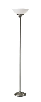 71" Silver Metal Torchiere Floor Lamp With White Bowl Shade