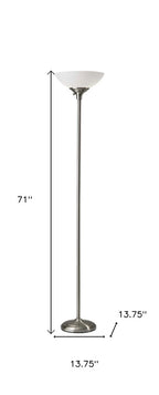 71" Silver Metal Torchiere Floor Lamp With White Bowl Shade