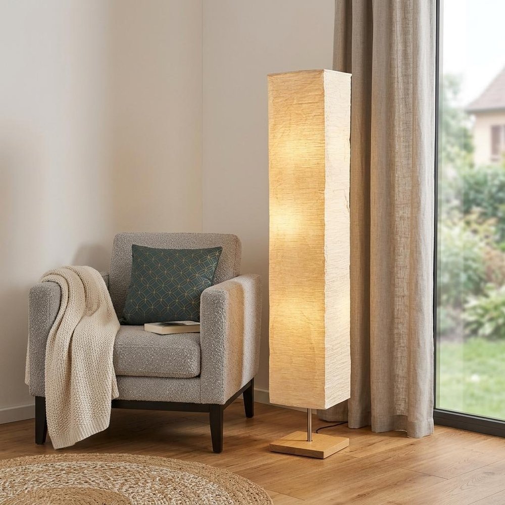 57" Brown And White Two Light Column Floor Lamp With White Paper Rectangular Shade