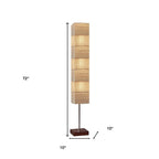 72" Brown And Silver Three Light Column Floor Lamp With Beige Paper Rectangular Shade