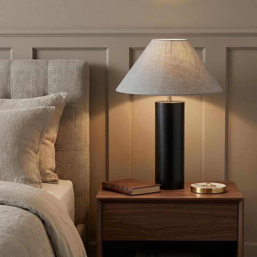 26" Natural Solid Wood Cylinder Table Lamp With White Cone Shade