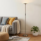 71" Silver LED Torchiere Floor Lamp With White Glass Cone Shade