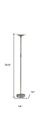 71" Silver LED Torchiere Floor Lamp With White Glass Cone Shade