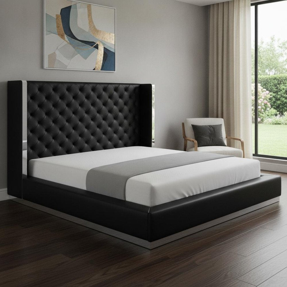 Black Tufted Faux Leather King Bed Frame