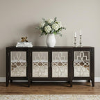 72" Black and Silver Mirrored Solid Wood and Glass Distressed Solid Console Table