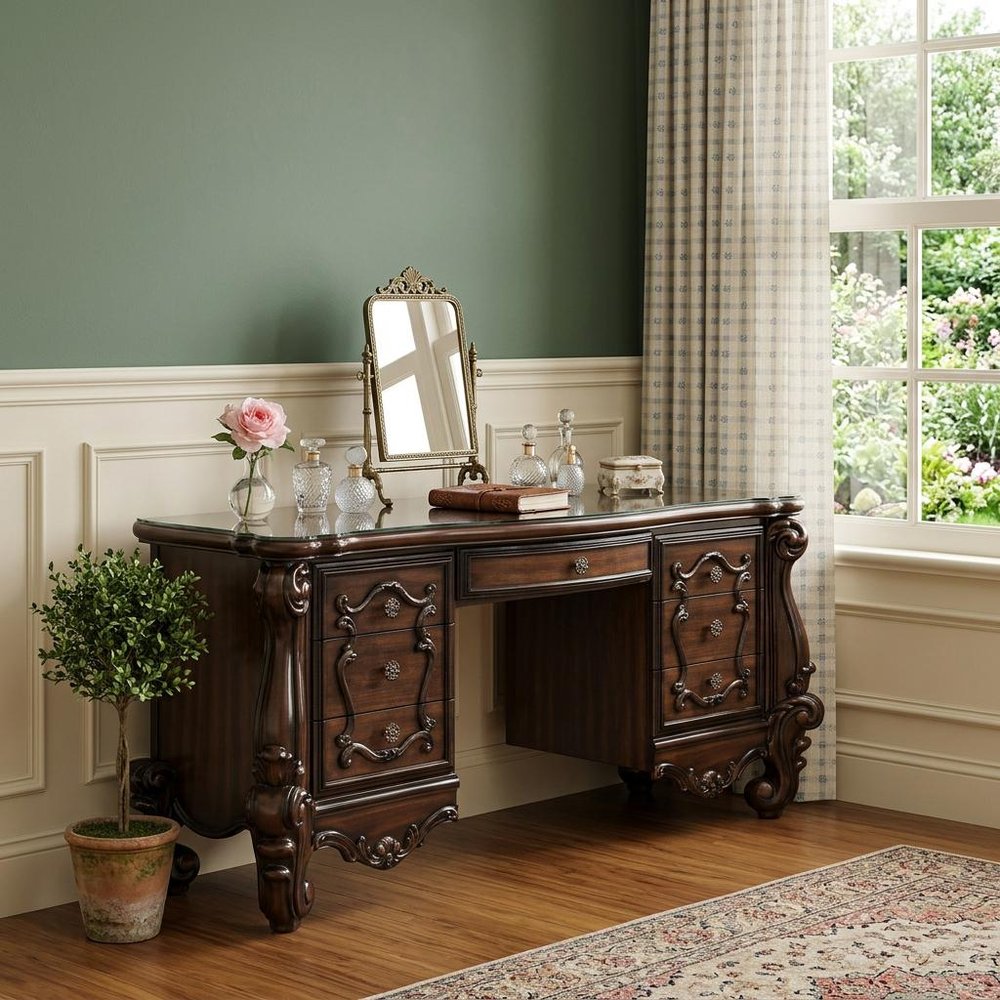 67" Antiqued White Wood Vanity Table With Seven Drawers