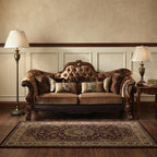 73" Dark Brown And Brown Velvet Loveseat and Toss Pillows