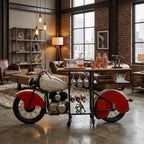 Red and Black Metal And Wood Rolling Glider Bike Bar Cart With Wine Storage