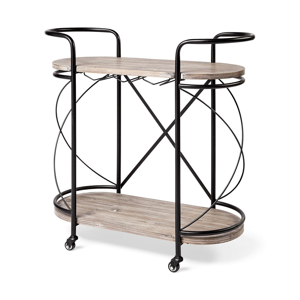 15" Black Solid Wood and Steel Round Rolling Kitchen Cart With Storage