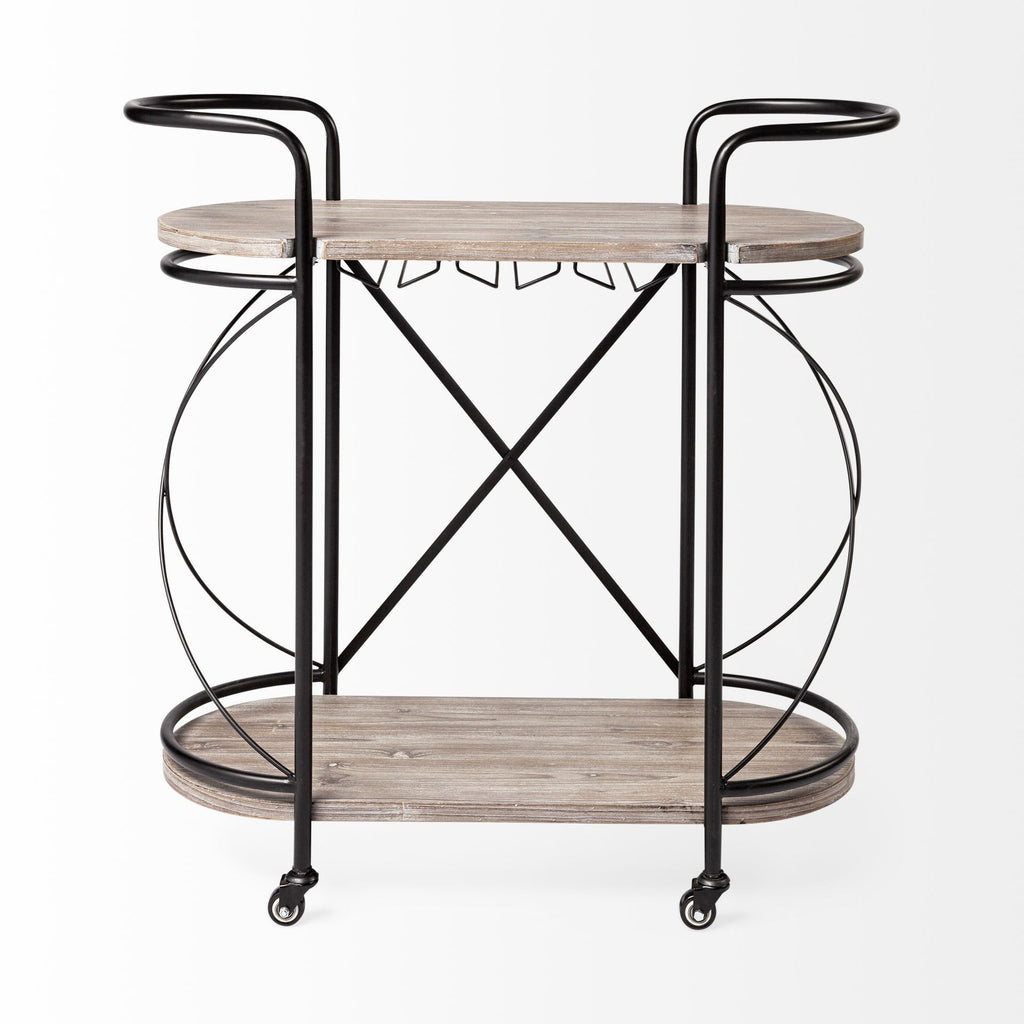 15" Black Solid Wood and Steel Round Rolling Kitchen Cart With Storage