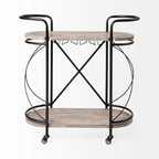 15" Black Solid Wood and Steel Round Rolling Kitchen Cart With Storage