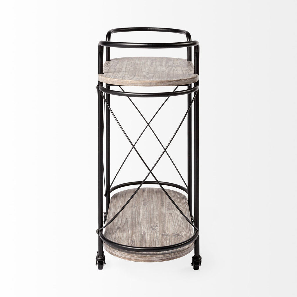 15" Black Solid Wood and Steel Round Rolling Kitchen Cart With Storage