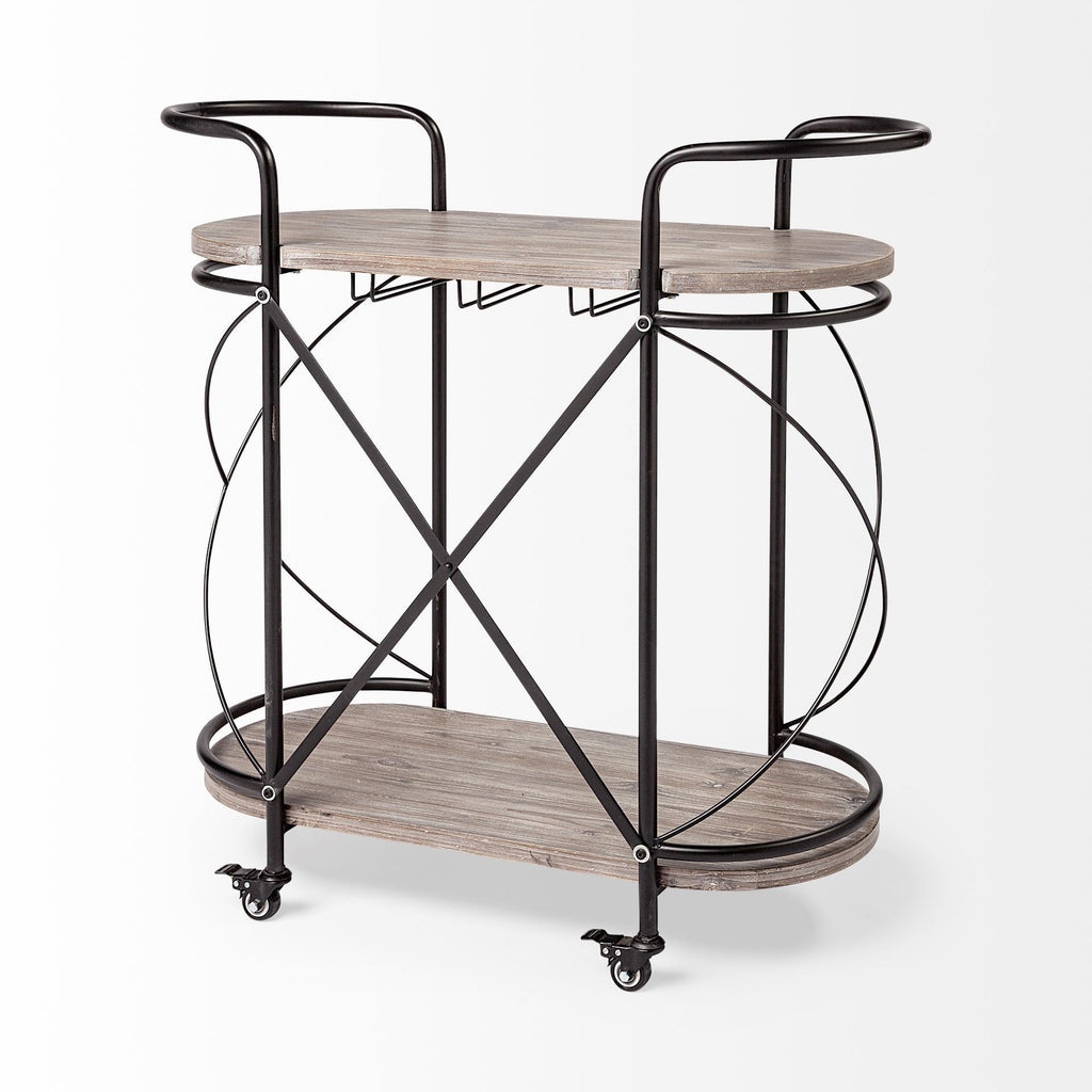 15" Black Solid Wood and Steel Round Rolling Kitchen Cart With Storage