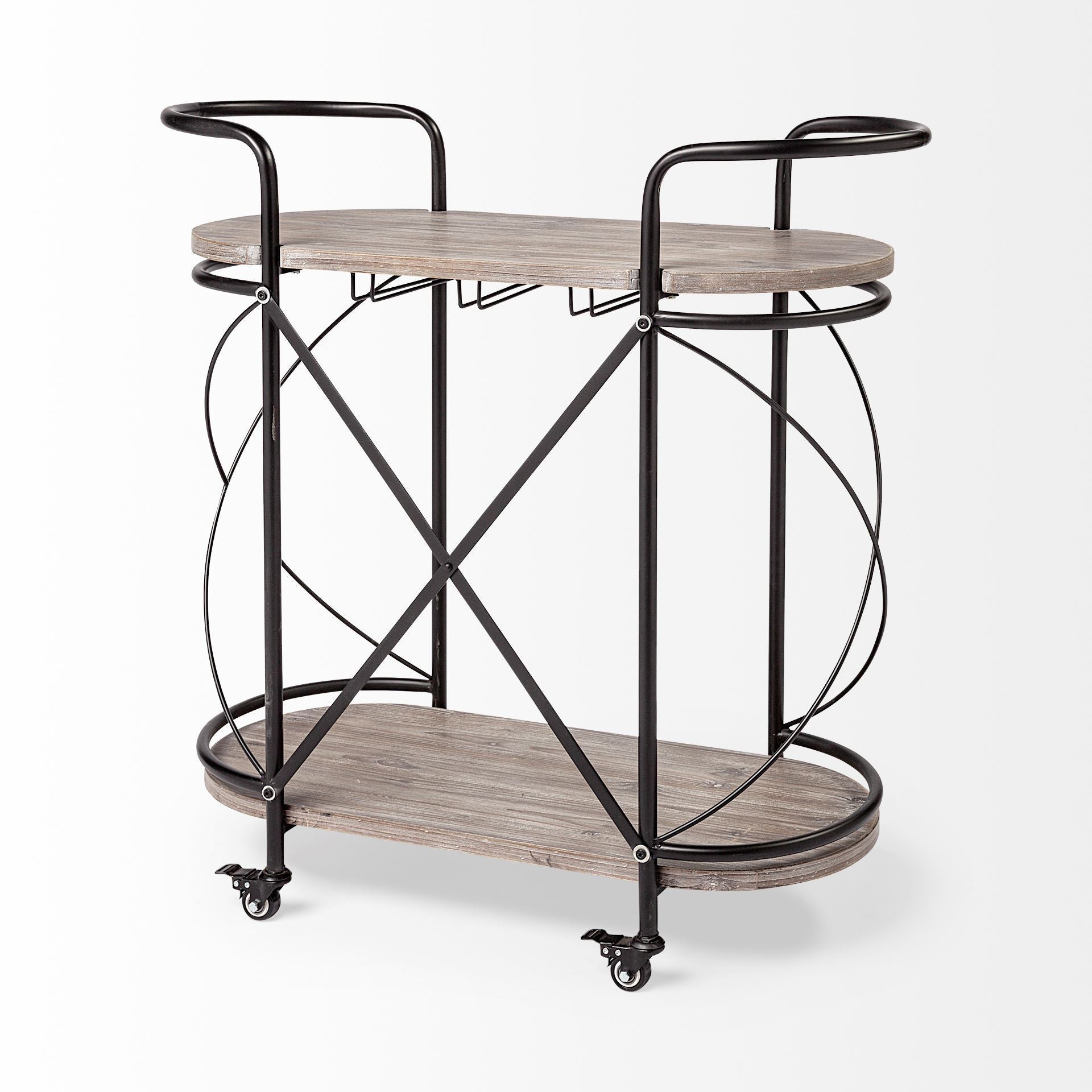 15" Black Solid Wood and Steel Round Rolling Kitchen Cart With Storage
