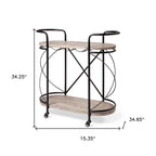 15" Black Solid Wood and Steel Round Rolling Kitchen Cart With Storage