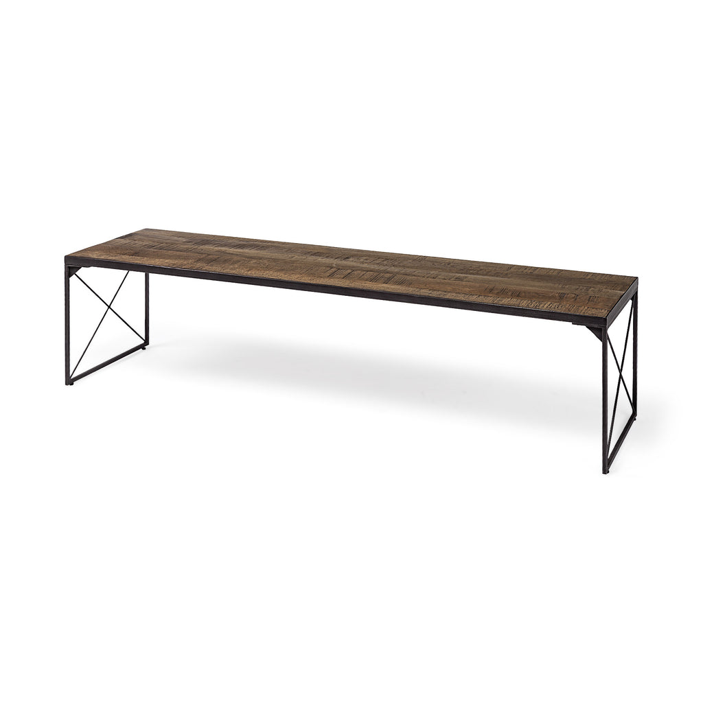 66" Brown And Black Metal and Solid Wood Bench