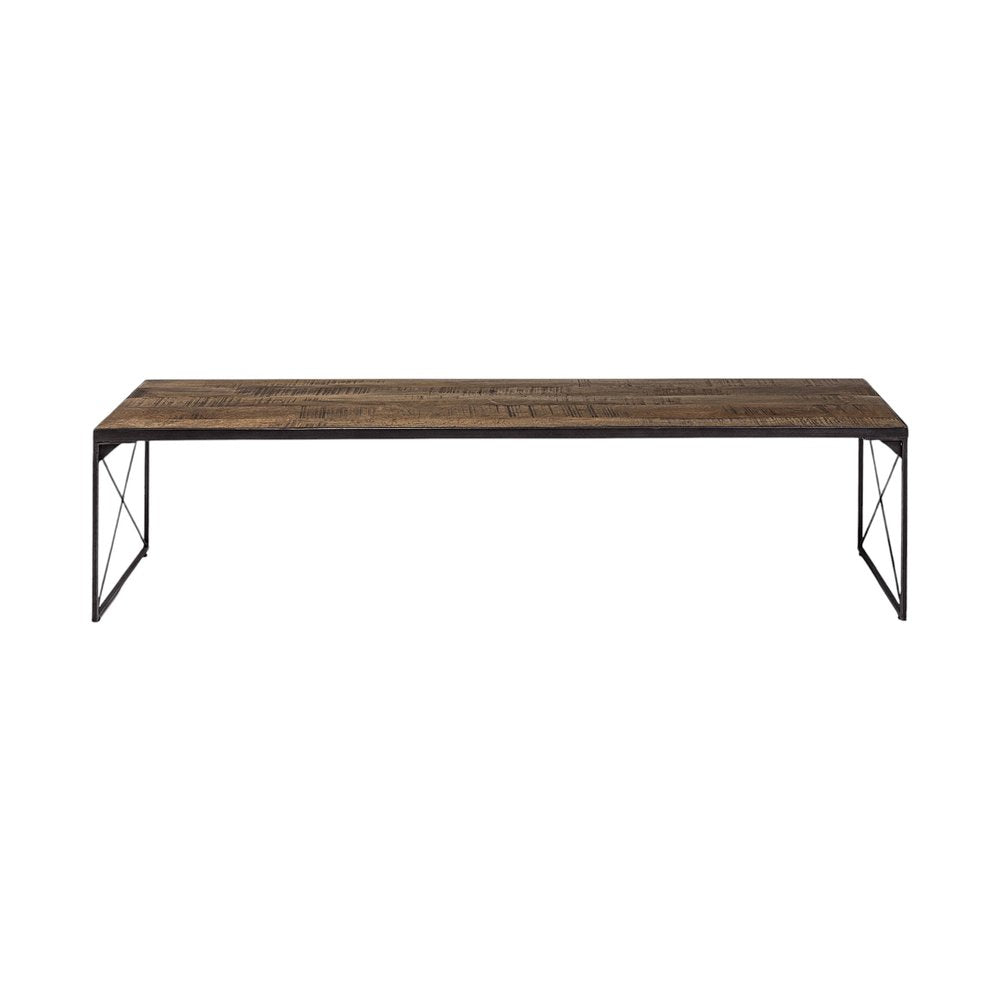 66" Brown And Black Metal and Solid Wood Bench