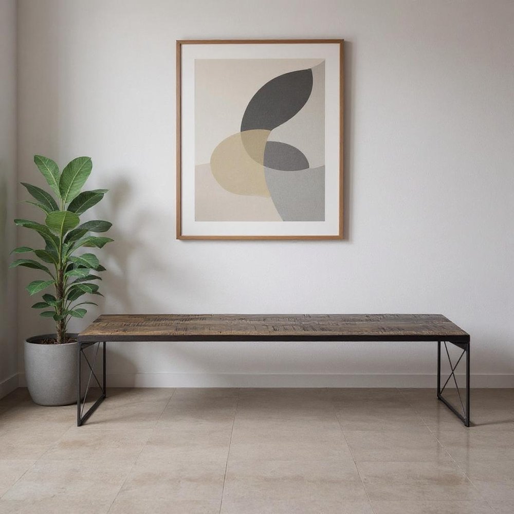 66" Brown And Black Metal and Solid Wood Bench