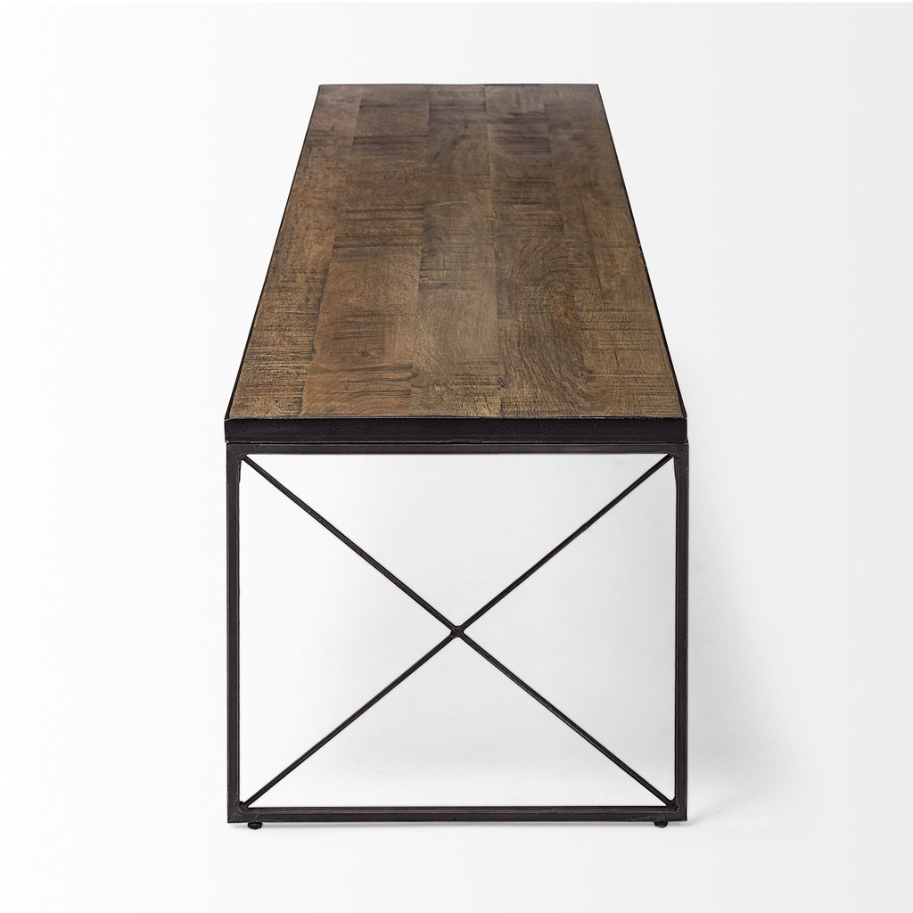 66" Brown And Black Metal and Solid Wood Bench