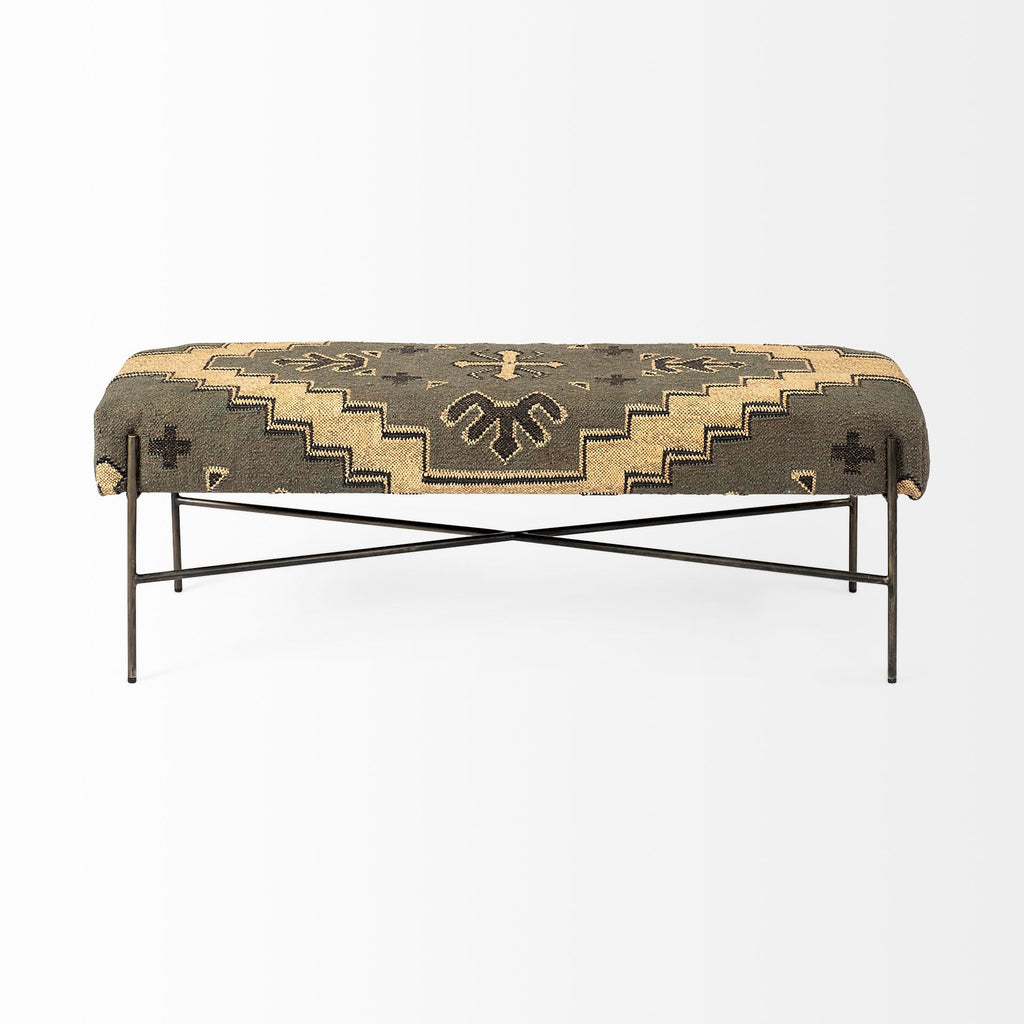 55" Green Brown and Black Upholstered Abstract Cotton Blend Bench