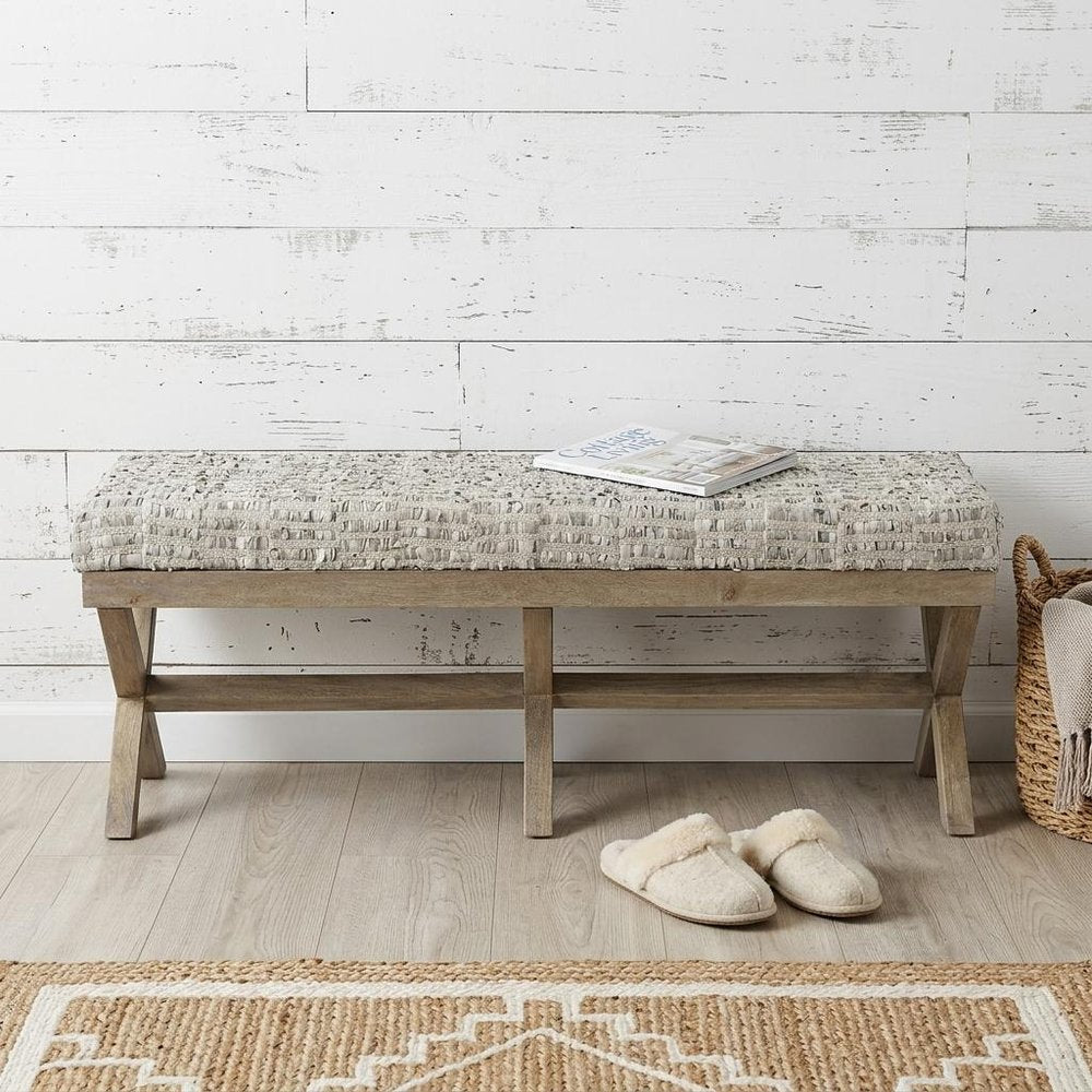 16" Beige and Brown Upholstered Faux Leather Bench