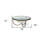 36" Brown and Gold Wood and Metal Round Coffee Table With Shelf