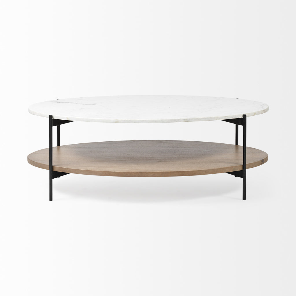 48" Brown and Black Genuine Marble and Metal Oval Coffee Table With Shelf